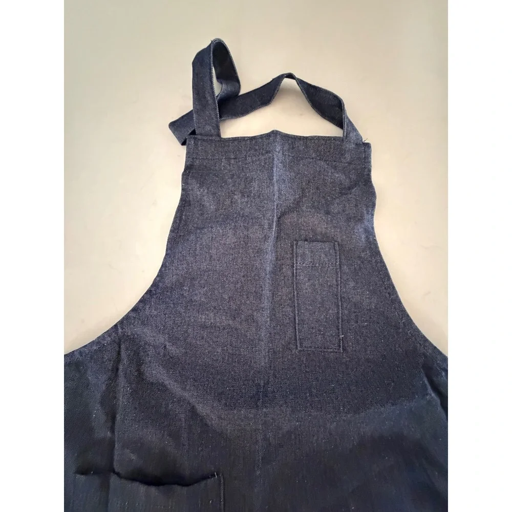 Dark Wash Denim Bib Apron with Pockets & White Tie‎ Straps Utility Cooking Craft